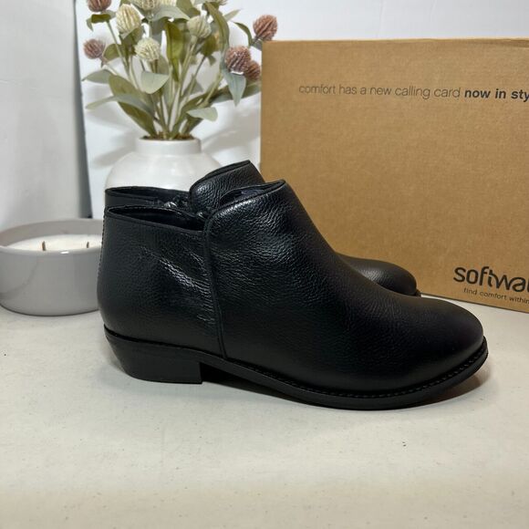 Soft Walk Rocklin Round Toe Block Heel Leather Booties Black Women's 6.5 W NWB - Picture 3 of 8
